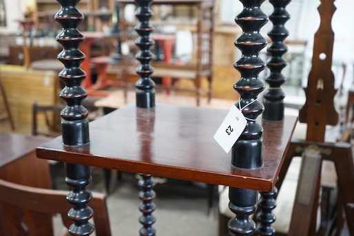 A Victorian style bobbin turned mahogany three tier whatnot, width 40cm, depth 39cm, height 86cm